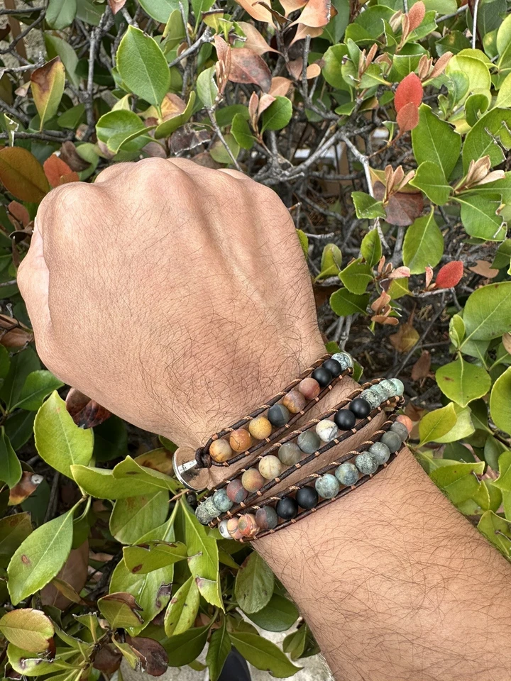 High Quality Natural Handmade Stone Bracelet  Leather Wrap Multy Color Stone Foto 4 de 4