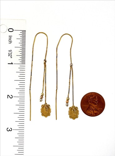 14K Threader Drop Dangle Virgen de Guadalupe Virgin Mary Earrings Aretes de Oro - Picture 4 of 5