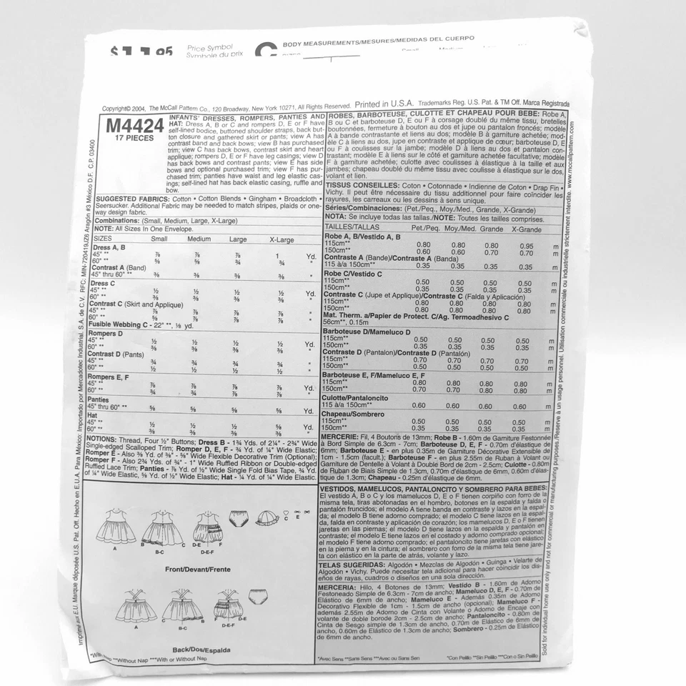 McCalls 4424 Dresses Rompers Panties Bloomers Hat Babies S XL Sewing Pattern - Image 3 of 4