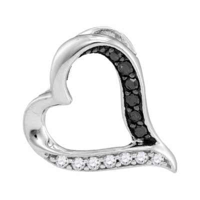 L U DIAMONDS 10K White Black Diamond Heart Fine Pendant 1/8 Ctw