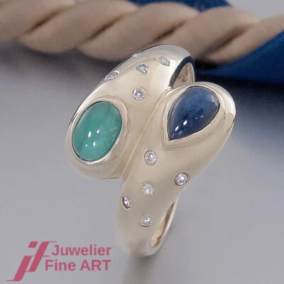 Bague -1 émeraude, 1 saphir, 10 brillants (diamant) environ 0,10 ct - or jaun... - Photo 1/4