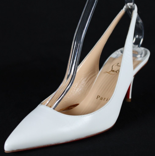 CHRISTIAN LOUBOUTIN White Leather APOSTROPHY SLING 70 Heels Slingbacks 38