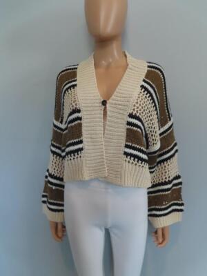 NWT Brunello Cucinelli Beige/Multicolor Striped Open Knit Cardigan XXS $2,695