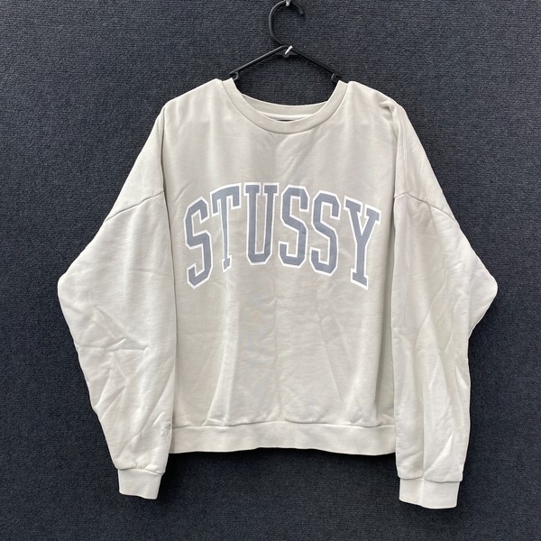 Stussy Womens Crew Neck Sweatshirt Grey Fleece Graphic Spell Out Logo Size 10