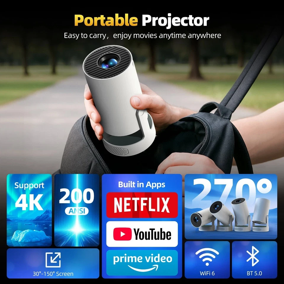 5G 4K Projector Smart HD LED WiFi Bluetooth 5.0 HDMI Android Office Home Theater - Image 3 of 4