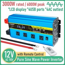 3000W 6000W Pure Sine Wave Power Inverter DC 12V to AC 110V 4USB 4AC LCD Remote