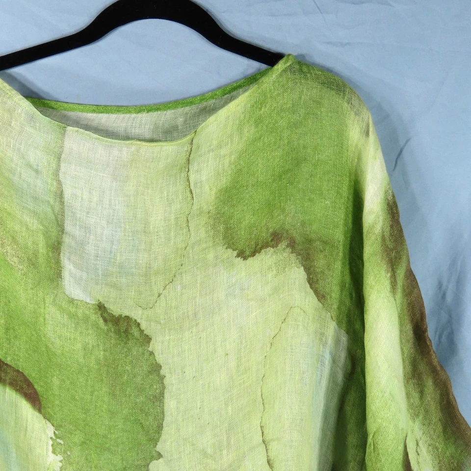 AIRY LINEN Poncho Top Topper GREEN WATERCOLOR Asymmetric ETHEREAL Lagenlook OS - Image 4 of 4