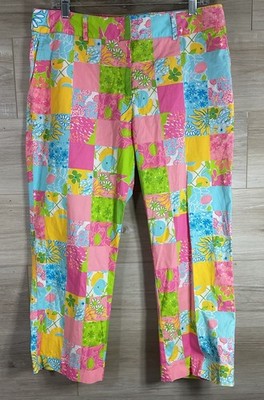 Vtg Lilly Pulitzer Pants 12 Pink Green Patchwork Floral Fruit Summer Capri