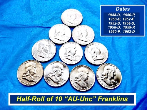 HALF ROLL of Ten "AU-UNC" Franklin Halves ➳ 1948-1962 ➳ Details Below ➳ 1.10a