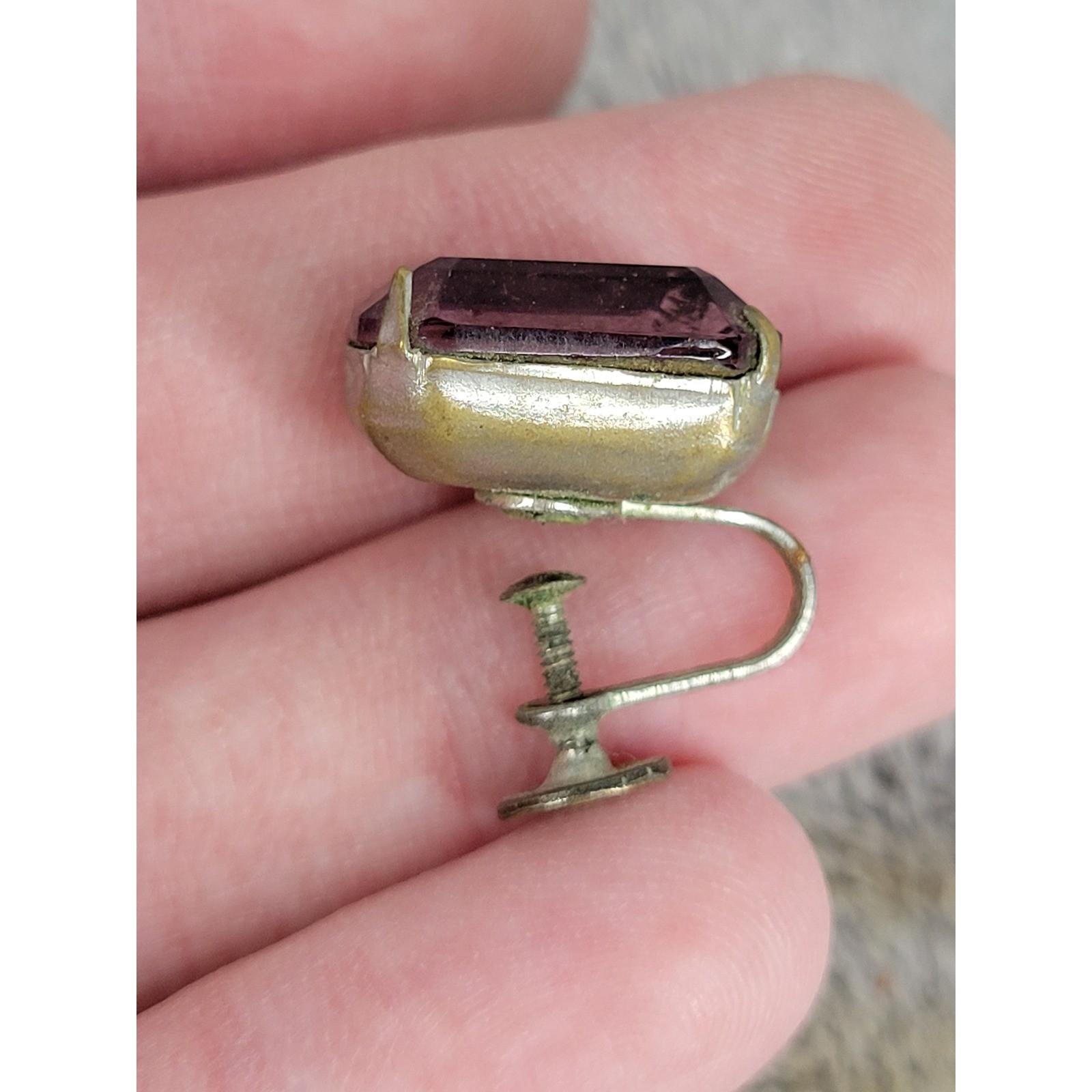 Vintage Rectangular Amethyst Gem Screw Back Earri… - image 3