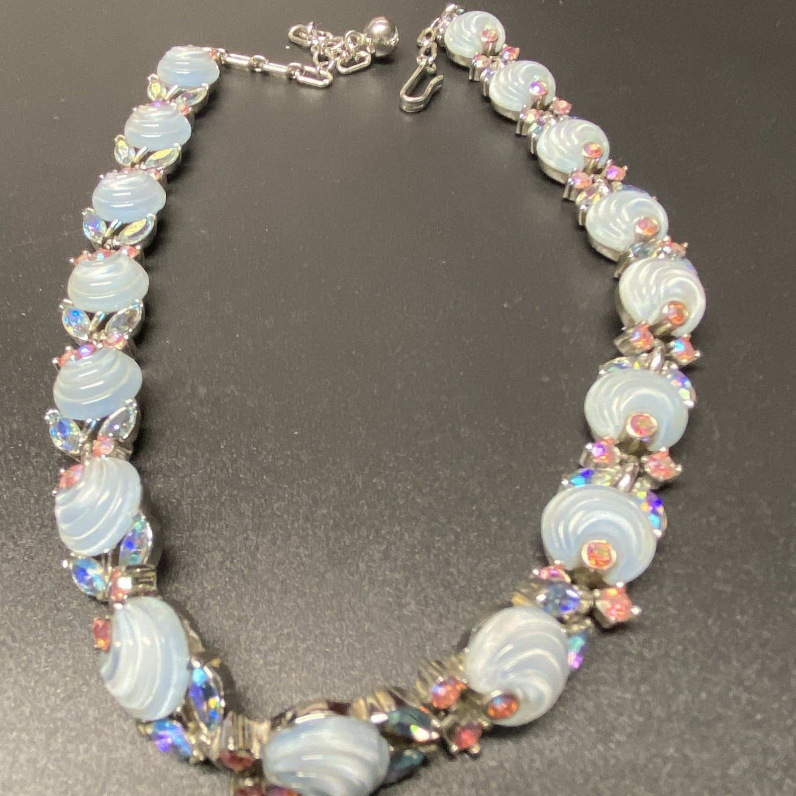 TRIFARI Blue Ribbed Moonglow Pink AB Rhinestone Choker Necklace RARE Jewelry image 6