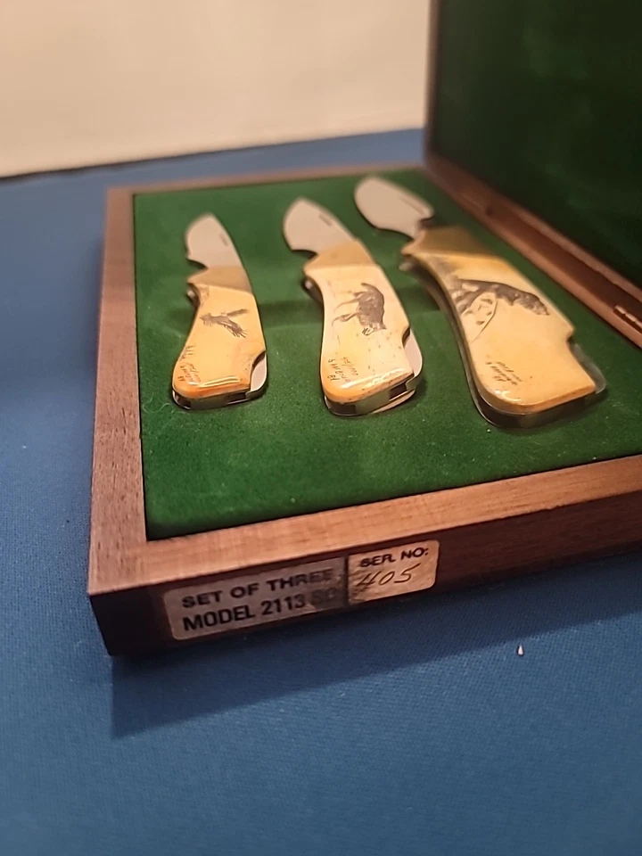 Vintage KERSHAW Scrimshaw Limited Edition Bear Wolf Eagle Knife Set, Walnut Box - Image 2 of 4