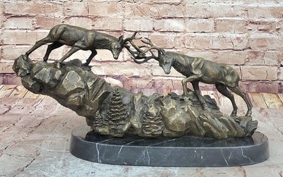 Two Elk Stag Buck Deer Fighting Bronze Sculpture Signed Barye Animal Figure Gift