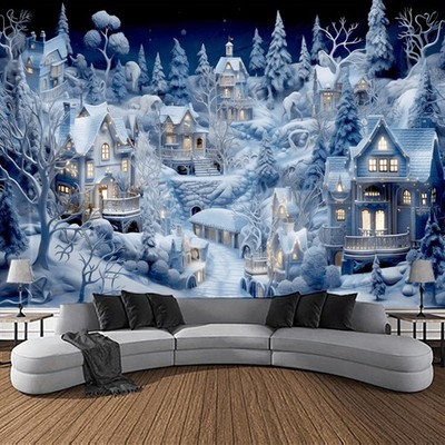 3D Town Snow Scene Wall Tapestry - Winter Wonderland Backdrop with Snowy Houses,