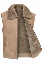 Men's Beige Sheepskin Leather  100  Real Sheepskin Shearling Fur Gilet Vest