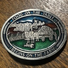 VTG Food On The Table Begins On The Farm Belt Buckle Mulitcolor Enamel 2265