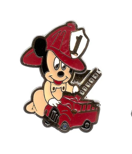 Baby Mickey Mouse Fireman Fire Chief and Fire Truck Lions Club Pin Large 2" tall