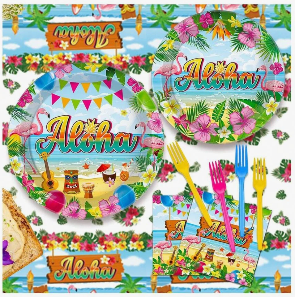 98件装夏威夷Luau派对餐具套装带盘子、叉子、餐巾纸和装饰 — 第 4/4 张图片