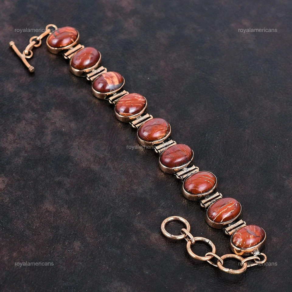 Oferta Día de la Madre Cobre Ovalado Rojo Piel de Serpiente Jaspe Piedra Esposa Boho Bisel Pulsera Foto 3 de 4