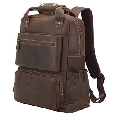 Full Grain Leather 17 Inch Computer Backpack for Men Vintage Travel Dark  Brown