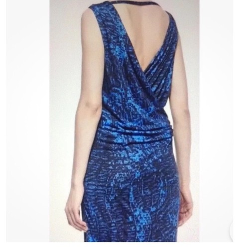 Helmut Lang, VTG Helmut Lang Sheath Dress Small Blue Black Abstract Print Draped Open Back