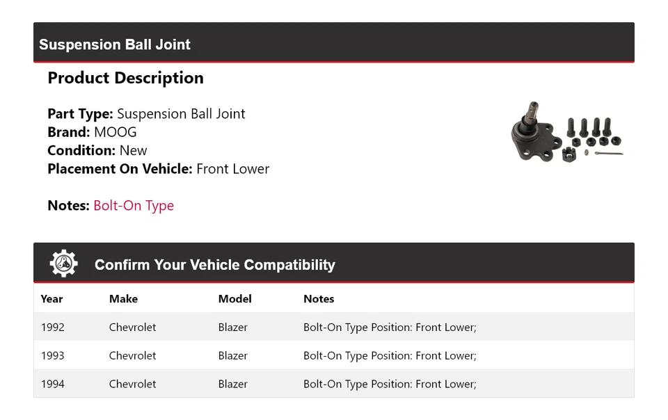 Rótula de suspensión delantera inferior MOOG 1992-1994 Chevrolet Blazer 1992 1993 Foto 2 de 4