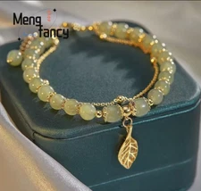 Natural Hetian Jasper Golden Branch Jade Leaves Bracelet Expandable