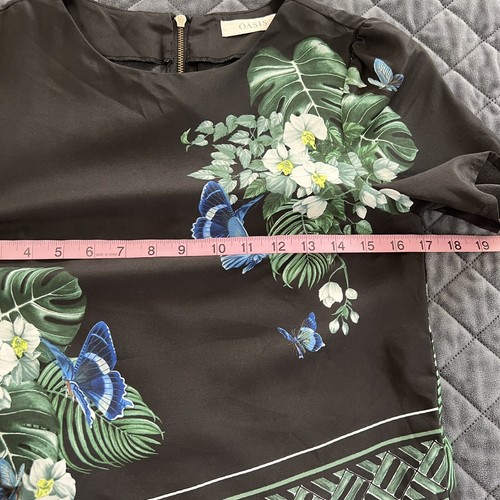 Oasis Top Women Size 8 Blouse Shirt Medium Black Butterfly Floral Tropical EE - Picture 7 of 21