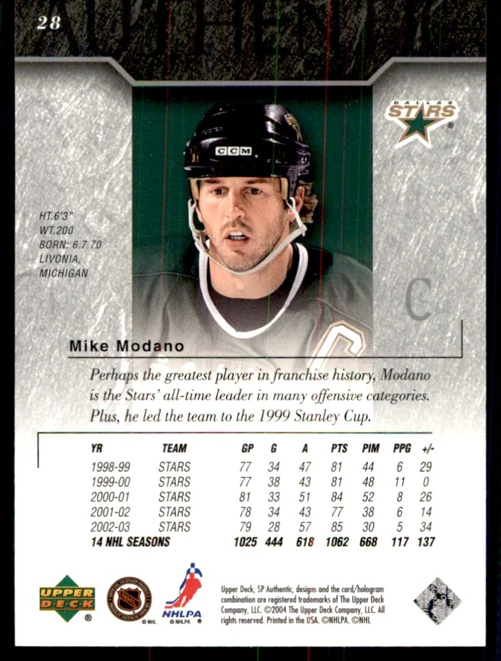 2003-04 SP Authentic Mike Modano Dallas Stars #28 - Image 2 of 2