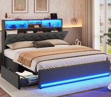 Full Size Bed Frame with 4 Drawers  Charging Station, LED Bed Frame Dark Grey