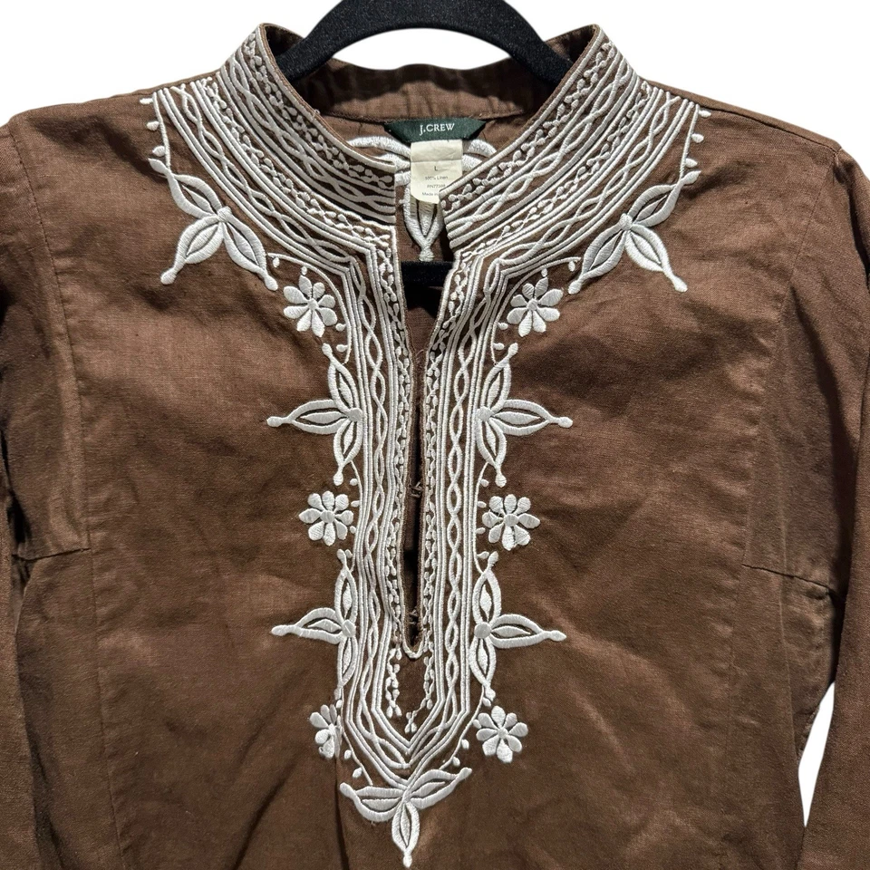 J. Blusa campesina túnica boho bordada marrón grande Crew 100 % lino para mujer de colección Foto 4 de 4