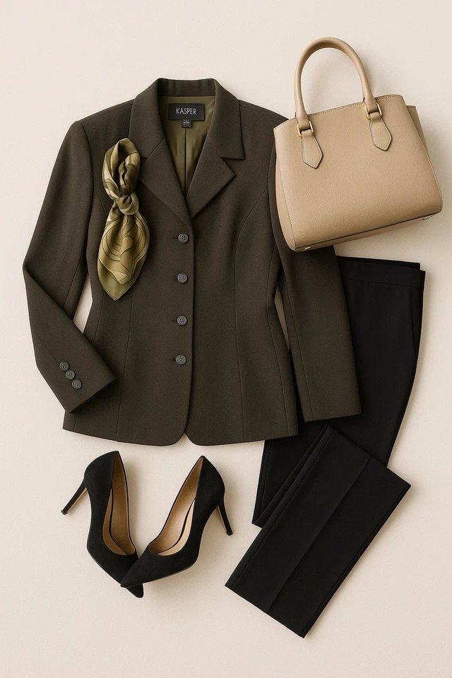 Blazer feminino 100% lã jaqueta Kasper ASL tamanho 8 verde oliva roupa de trabalho carreira - Imagem 2 de 4