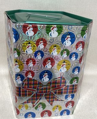 Vintage Ihex Holographic Snowman Holiday Metal Tin 6 Sided Large 14 Inch