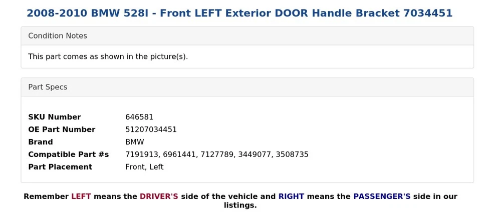 BMW 528I 2008-2010 - Soporte de manija de puerta exterior delantero izquierdo 7034451 Foto 3 de 4
