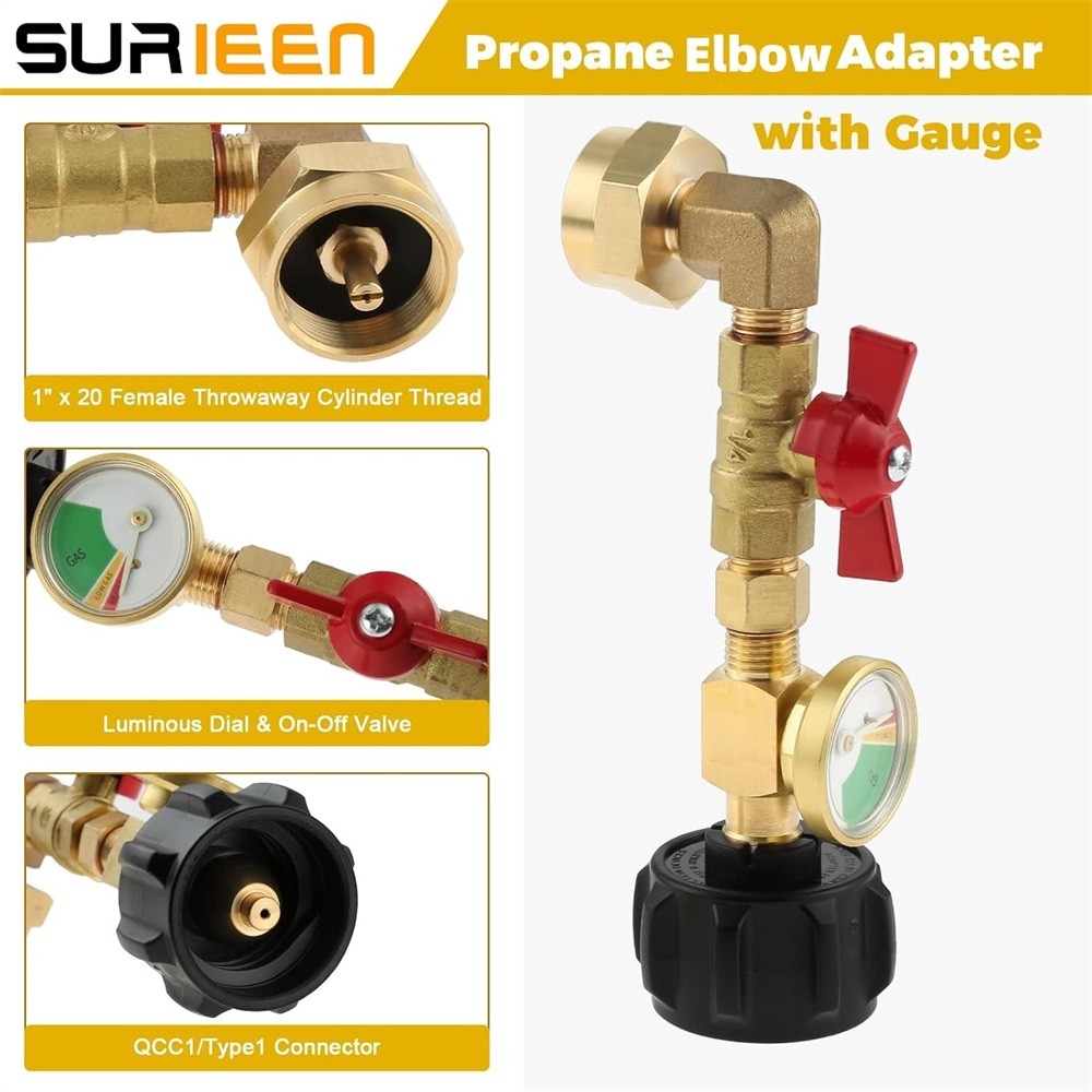 QCC1 Propane Refill Elbow Adapter with Tank Level Gauge for Camping Grill Bottle