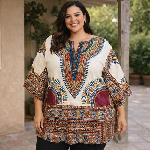 C22 African Style Women’s Blouse Tribal Print White Red Gold One Size Fits XL