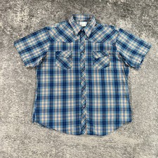 Wrangler Shirt Mens XL Blue Orange Plaid Pearl Snap Short Sleeve Wrancher Cowboy