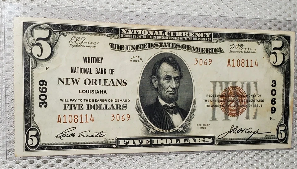 1929 $5 National Currency New Orleans, Louisiana Brown Seal Note Scarce XF+/AU - Image 3 of 4