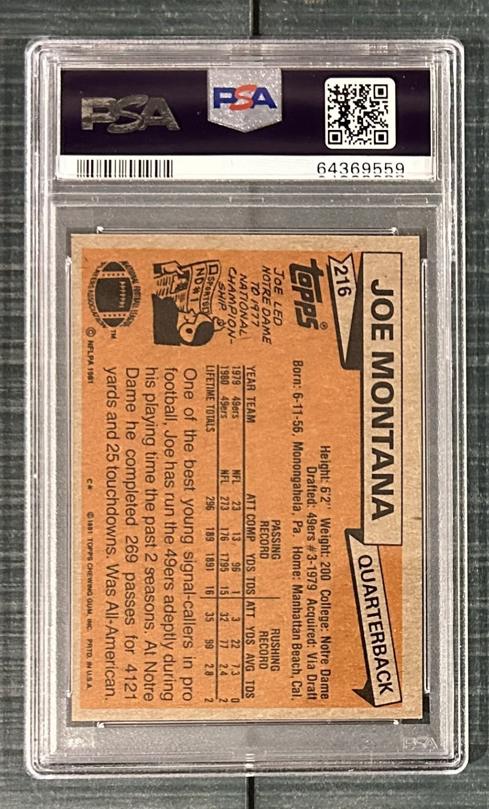 1981 Topps #216 JOE MONTANA PSA 7 Football ROOKIE RC 49ers/Chiefs HOF view 2