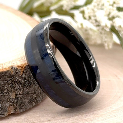 8mm Black Tungsten Engraved Ring Blue Wood Inlay Polished Band For Christmas Gif