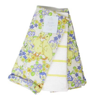 Kitchen Towels Set Of 3 dish hand Baby Ducks Floral Yellow White Spring Cotton