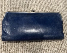 HOBO Lauren Clutch Wallet Purse Navy Blue Leather Kiss Lock