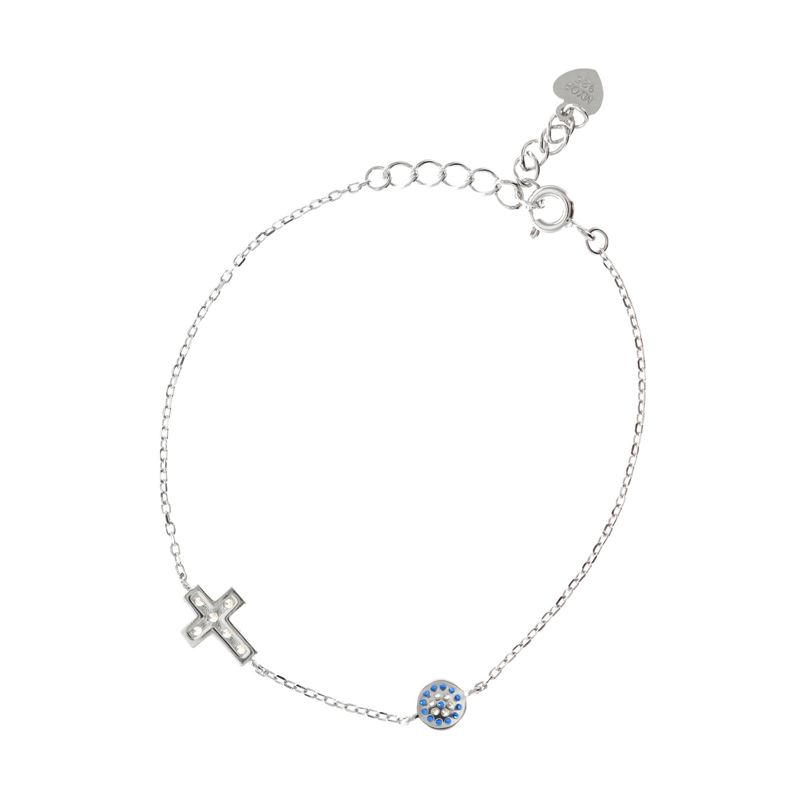 Bracelet argent croix anti-noircissement hypoallergénique bleu blanc