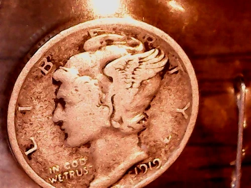 1919-D SILVER MERCURY DIME - GRADES "VERY GOOD"