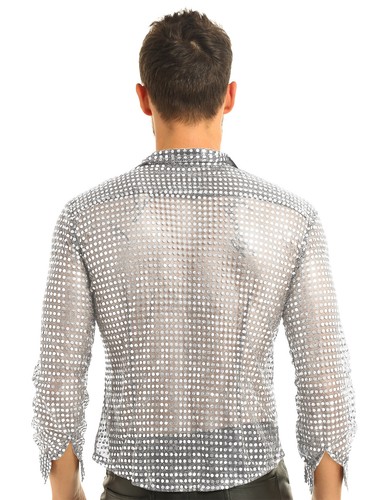 Men's Shiny Sequins Shirts Long Sleeve Button Down Shirt Disco Top Party Costume - Picture 26 of 66
