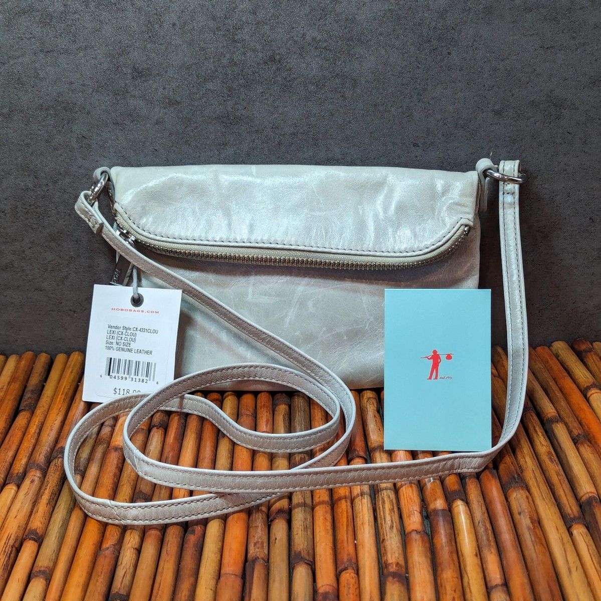 Hobo Lexi Glossy Distressed Tumbled Leather Light Grey Crossbody