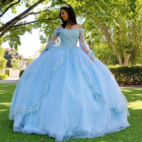 Sky Blue Lace Quinceanera Prom Dresses 
