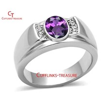 Natural Amethyst  CZ Gemstones with 925 Sterling Silver Ring For Men's