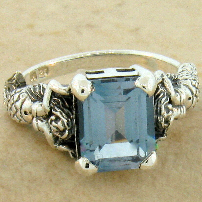 MERMAID VICTORIAN STYLE 925 STERLING SILVER SIMULATED AQUAMARINE RING       #604 View 2