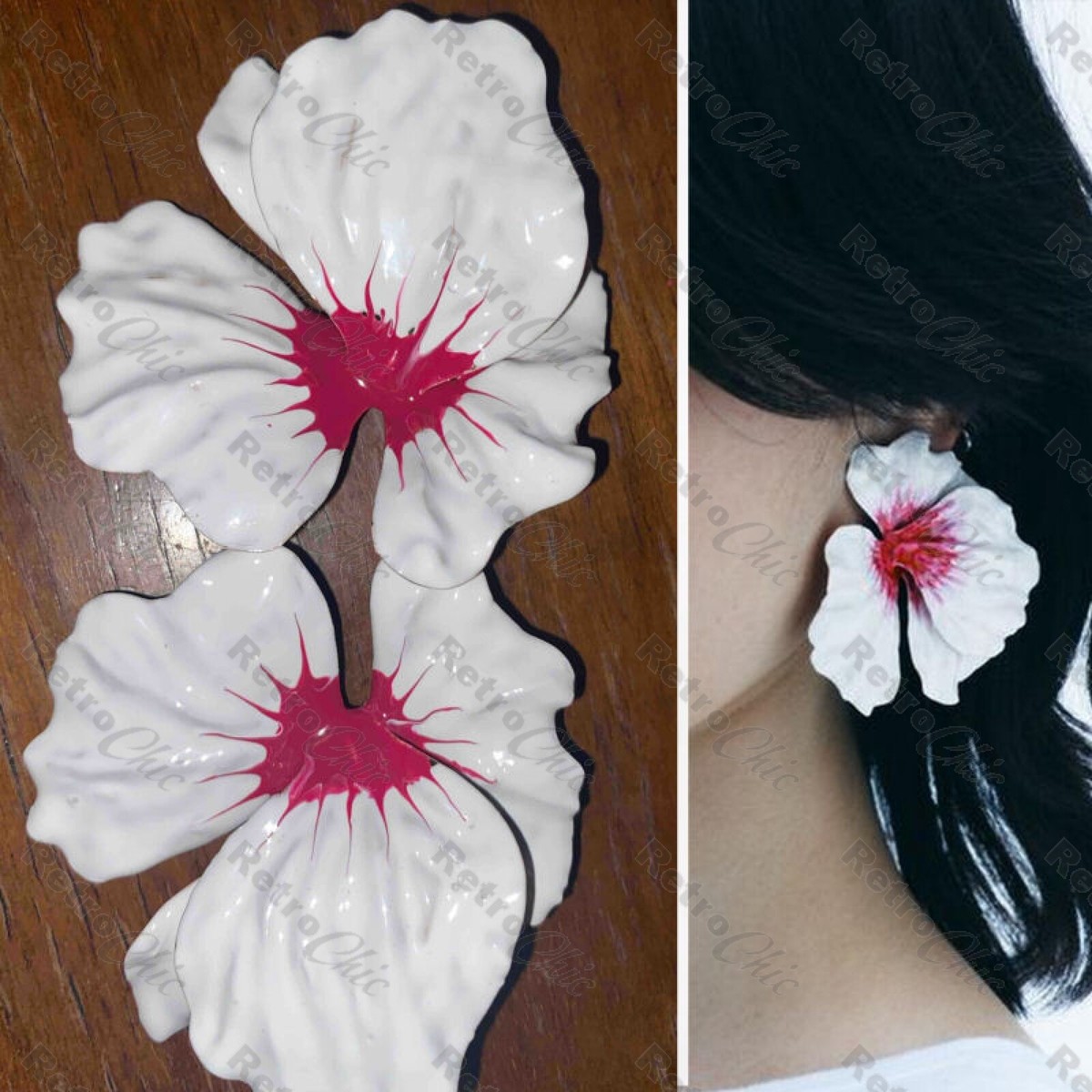 Zara Dup GIANT ORCHID oversize FLORAL EARRINGS enamel RETRO